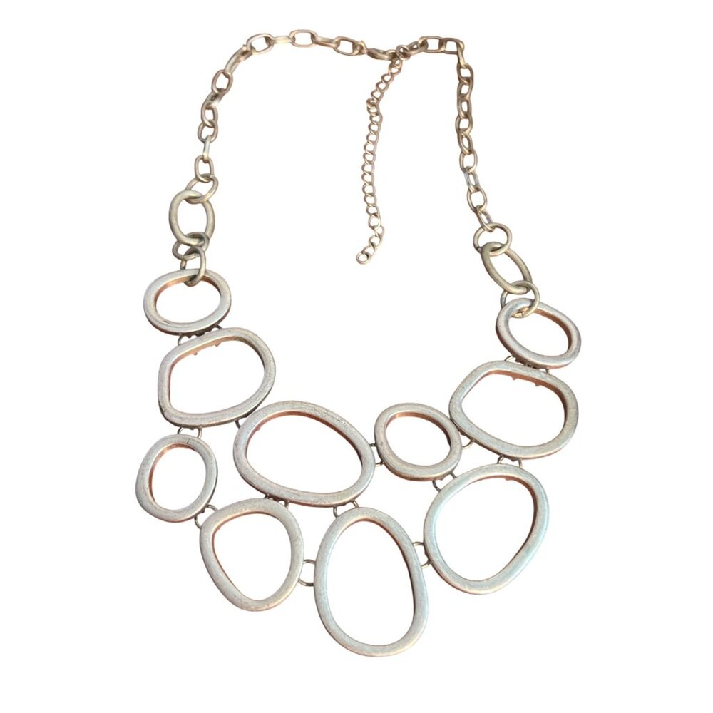 Silver Tone Statement Necklace Adjustable Chain Abstract Oval Links Open Work